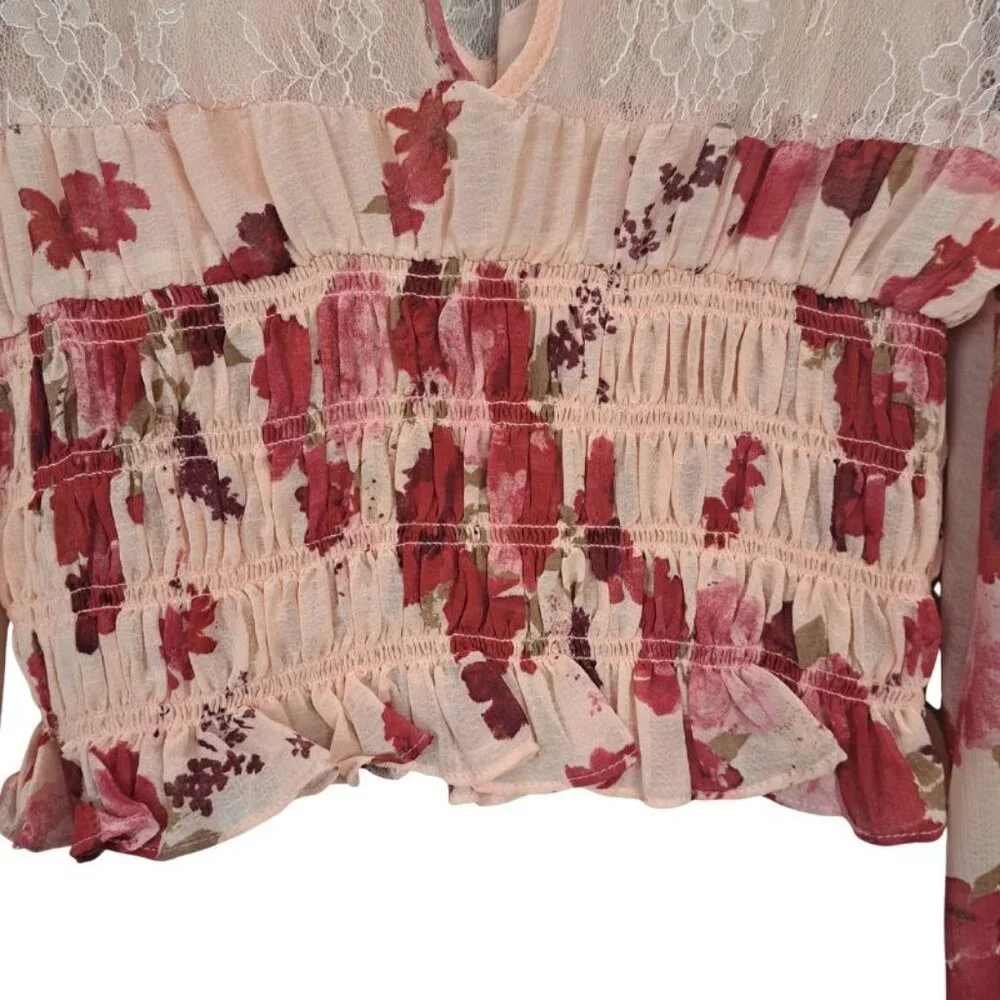 Free People Daphne Floral Lace Smocked Crop Top Romantic Combo Size M